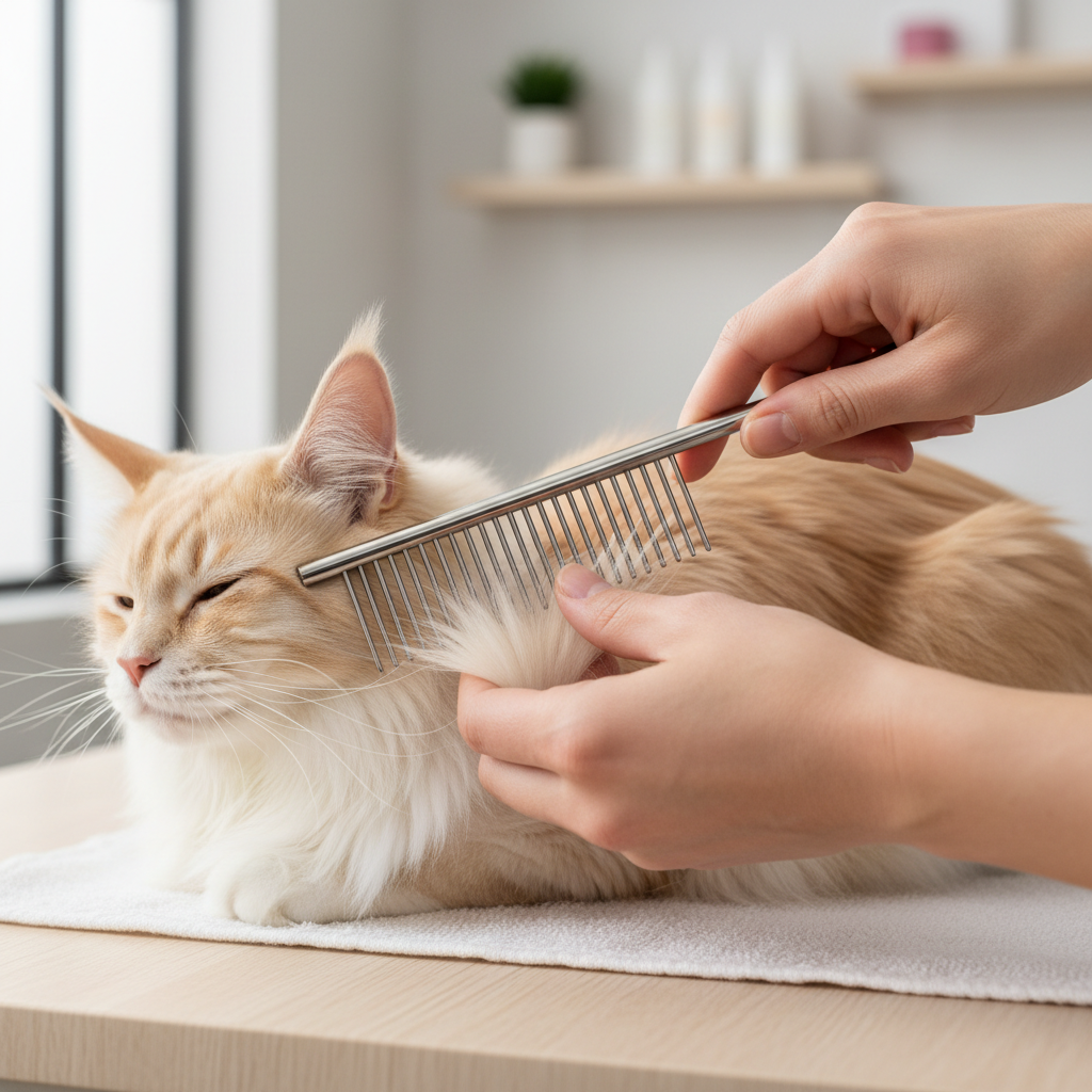 Cat coat comb test showing wide-tooth comb passing through long fur