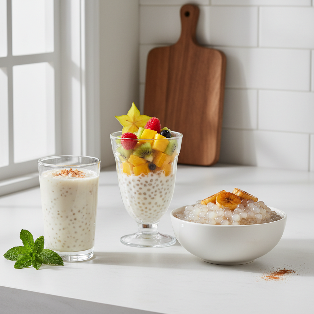 Assorted tapioca dessert recipes including pudding and fruit parfaits