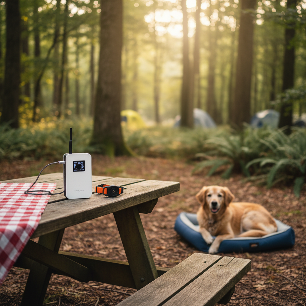Portable wireless dog fence set up at a campsite with a dog resting nearby