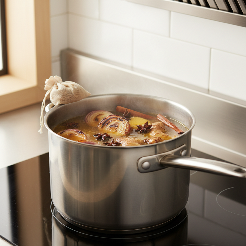 Charred onion and ginger with pho spices being simmered in a pot