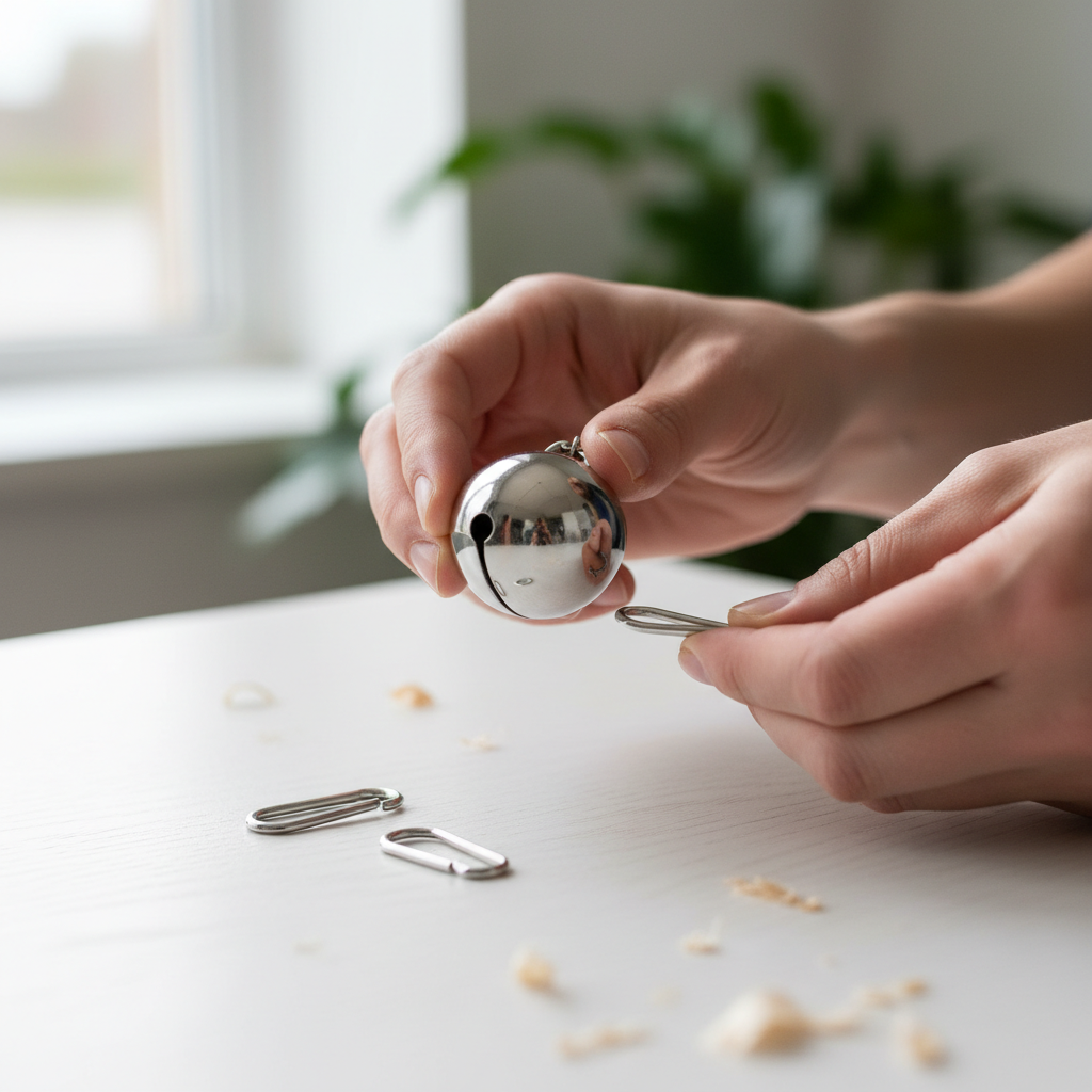 Close-up safety inspection of a bird toy bell attachment