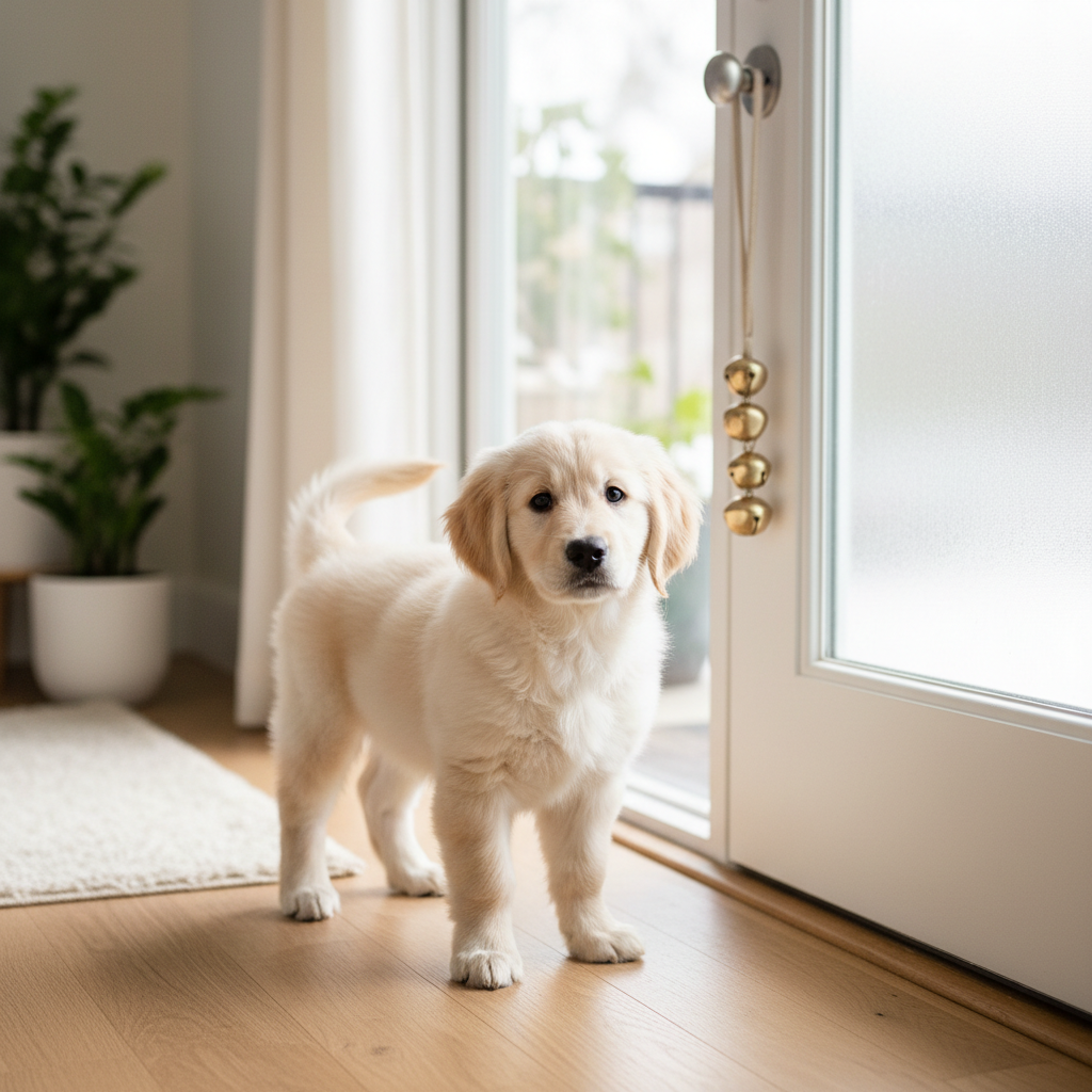 Puppy potty bell hanging by a back door for house training