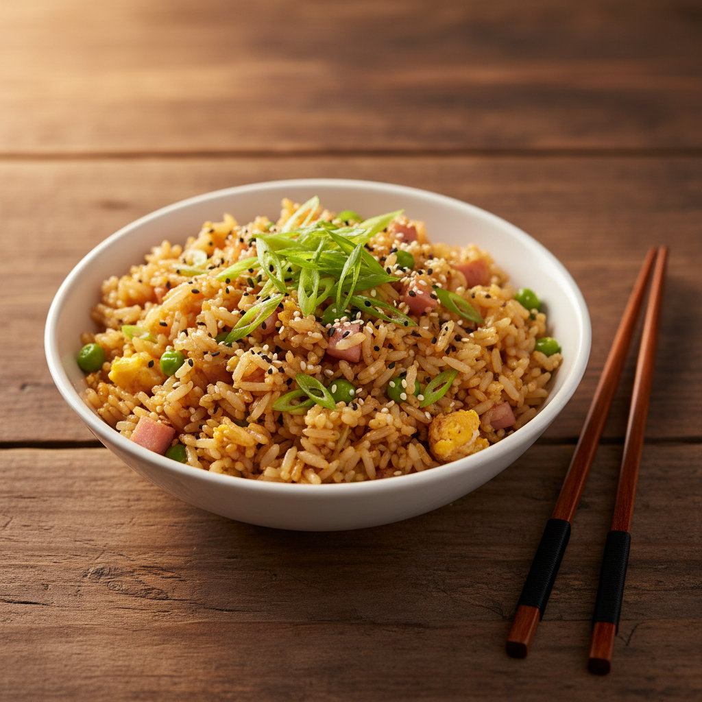 Serving bowl of easy leftover fried rice topped with scallions and sesame seeds