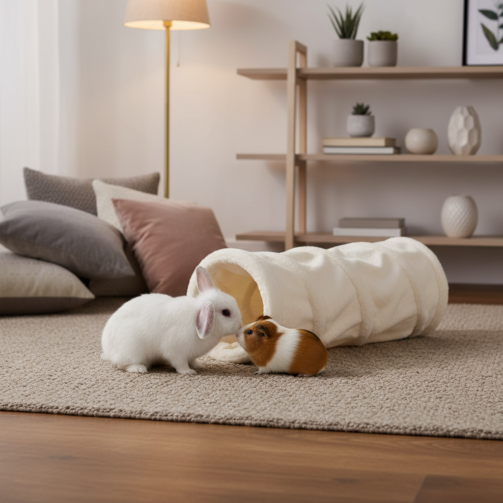 Plush-lined small pet tunnel set up in a cozy corner for rabbits and guinea pigs