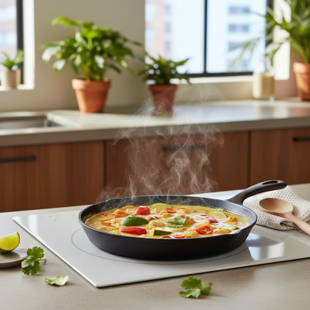 Tropical coconut curry simmering gently in a skillet