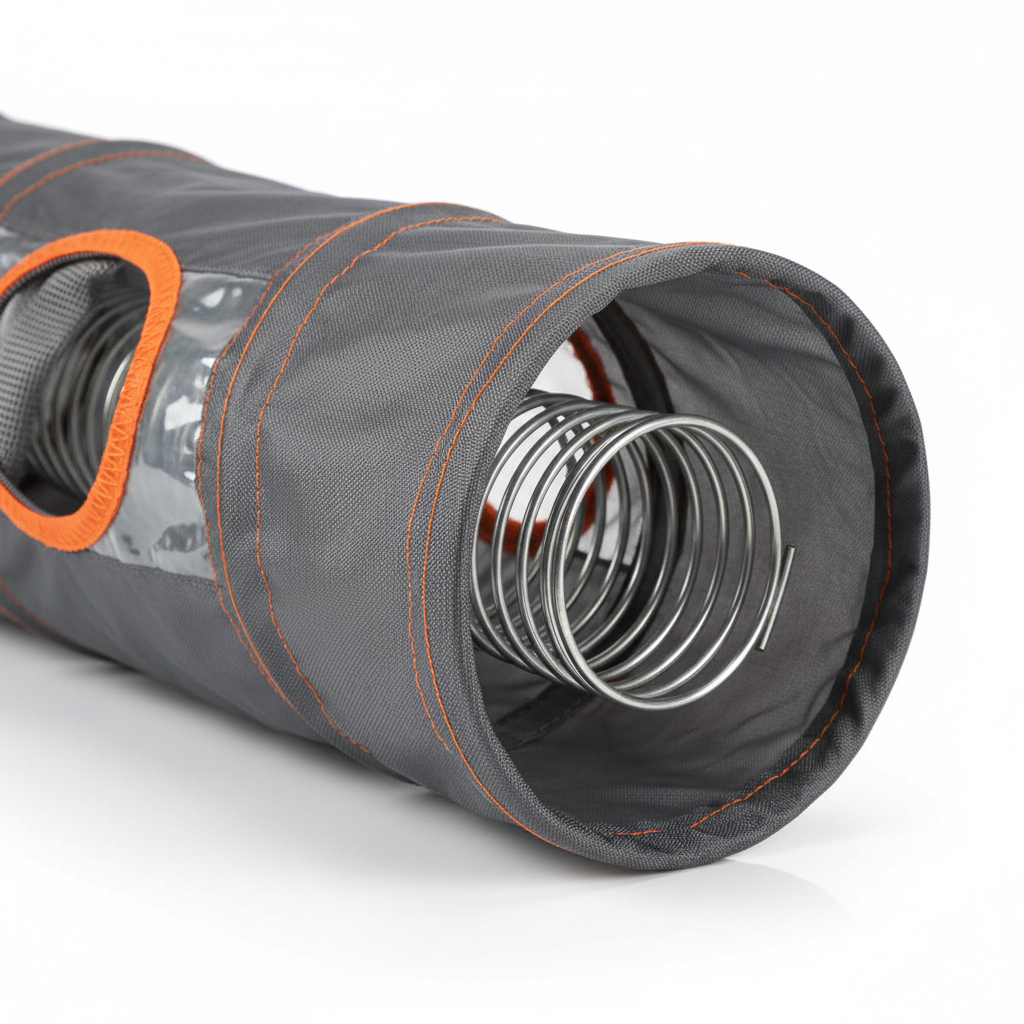 Close-up of tunnel fabric, stitching, and frame on a small pet tunnel toy