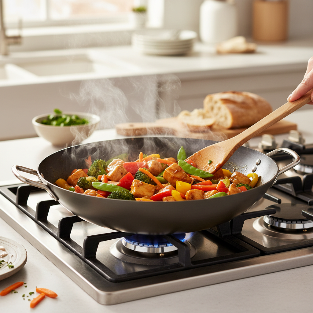 Colorful chicken and vegetable stir fry in a wok on a stovetop
