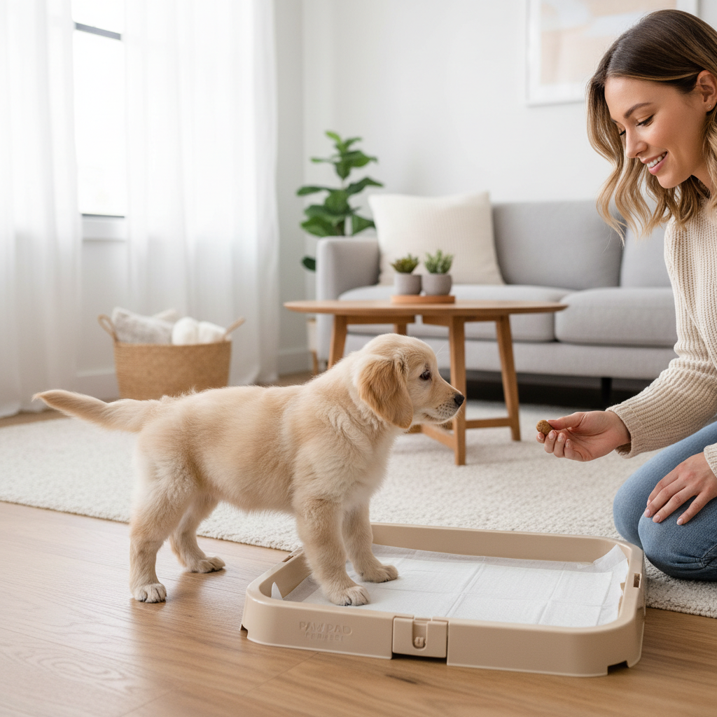 Puppy stepping onto potty pad tray holder during indoor potty training