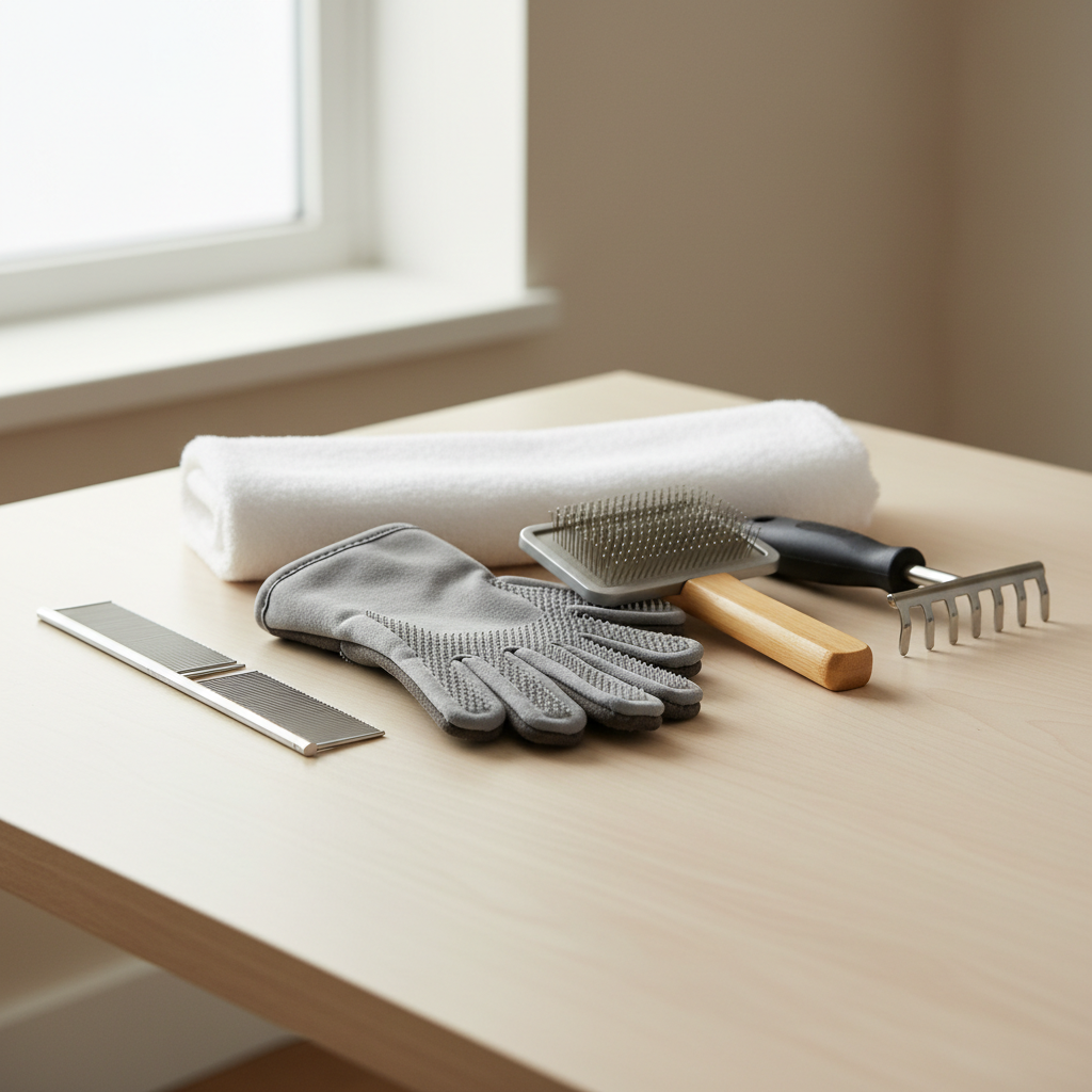 Dog grooming toolkit with glove, brush, and undercoat rake