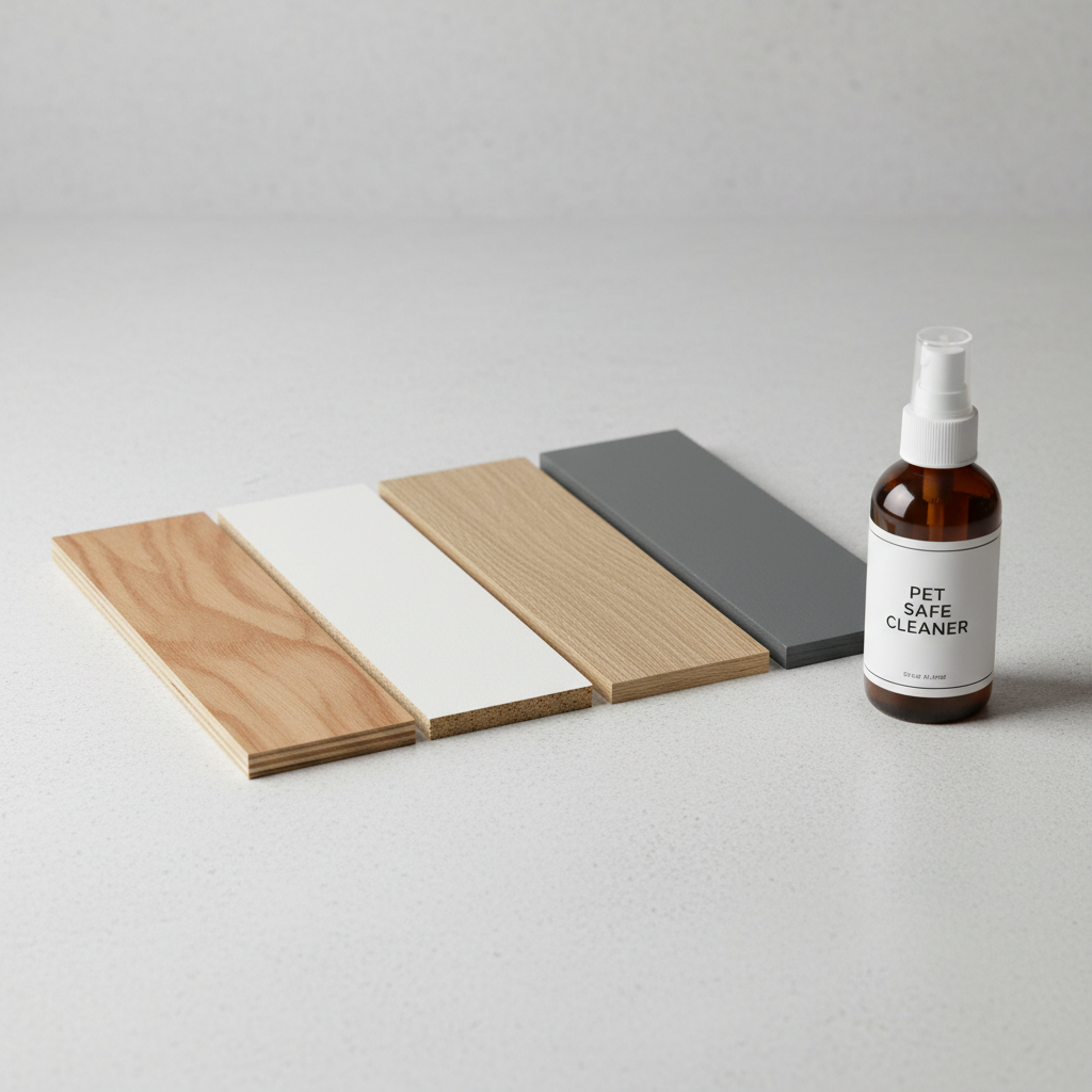 Close-up of wood, MDF, and laminate finishes used for cat litter box enclosure furniture style