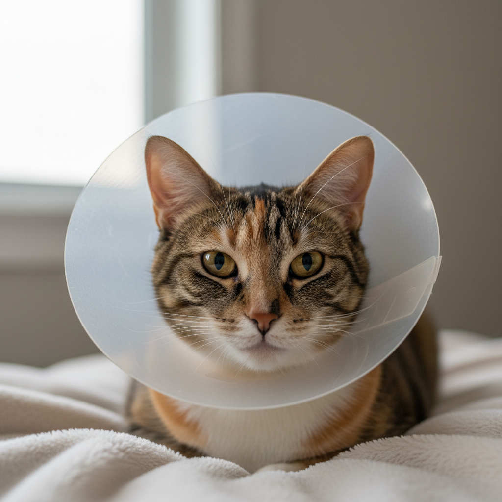 Cat wearing an e-collar to prevent pawing at irritated eye