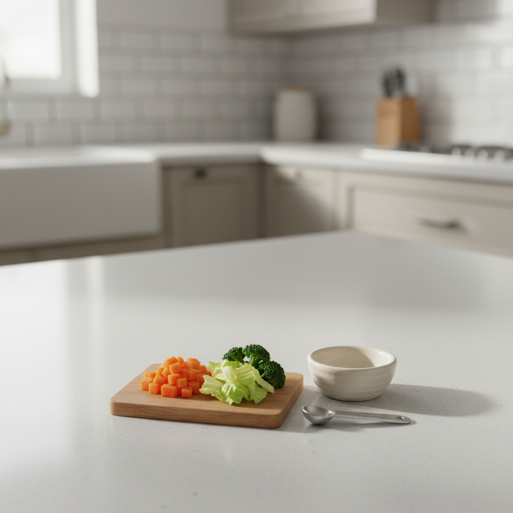 Organic fresh vegetables prepared as small hamster-safe treat pieces on a cutting board
