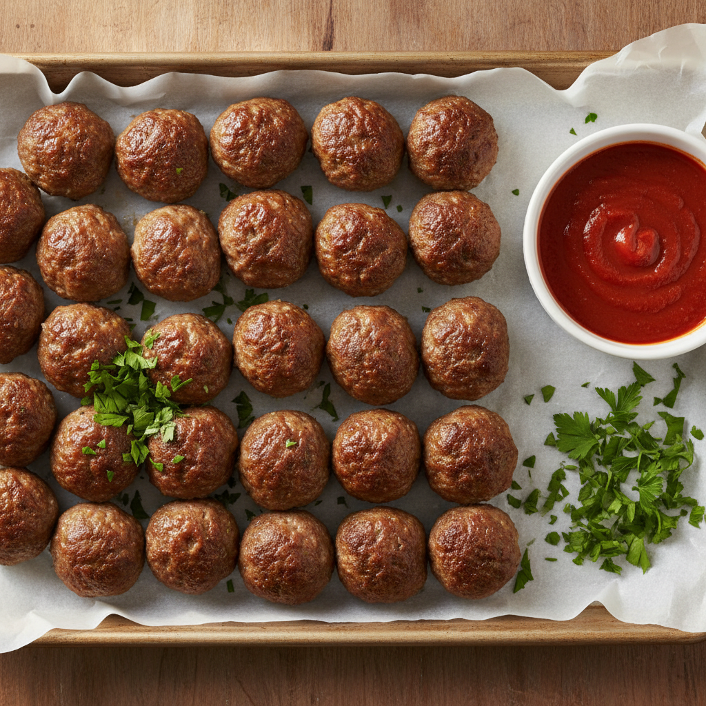 Baked beef meatballs on a sheet pan fresh from the oven
