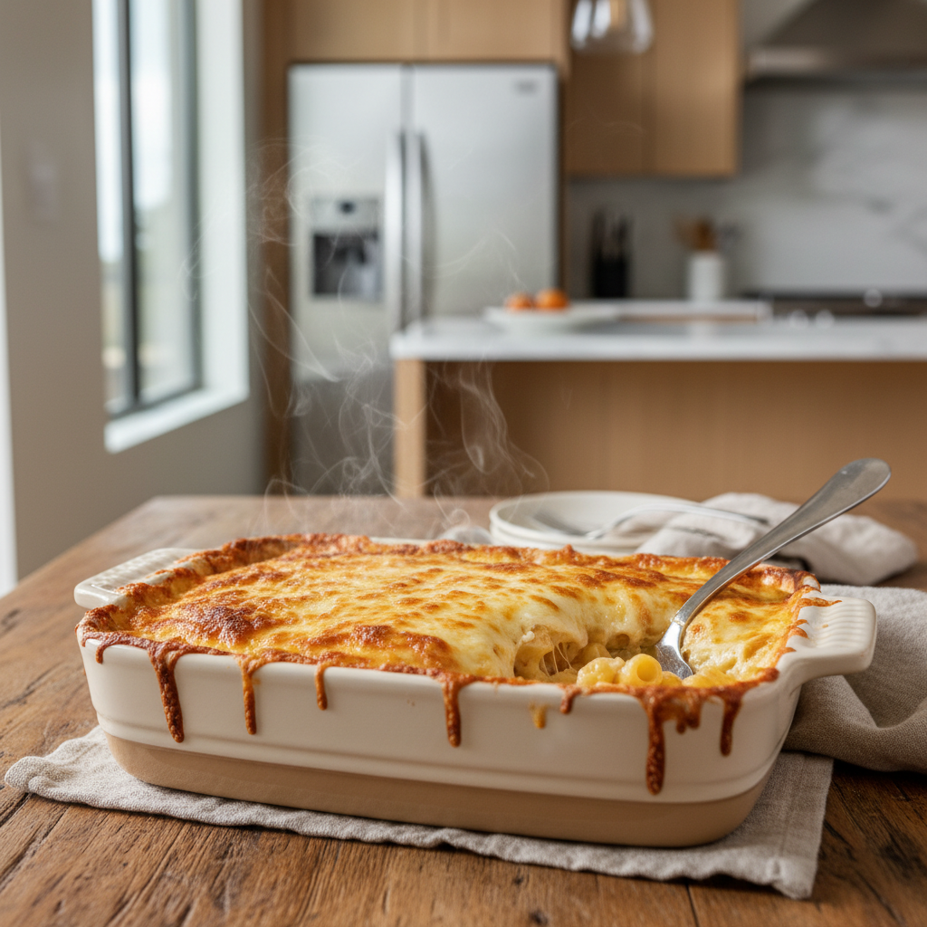 Cheesy casserole dinner served in a baking dish on a weeknight table