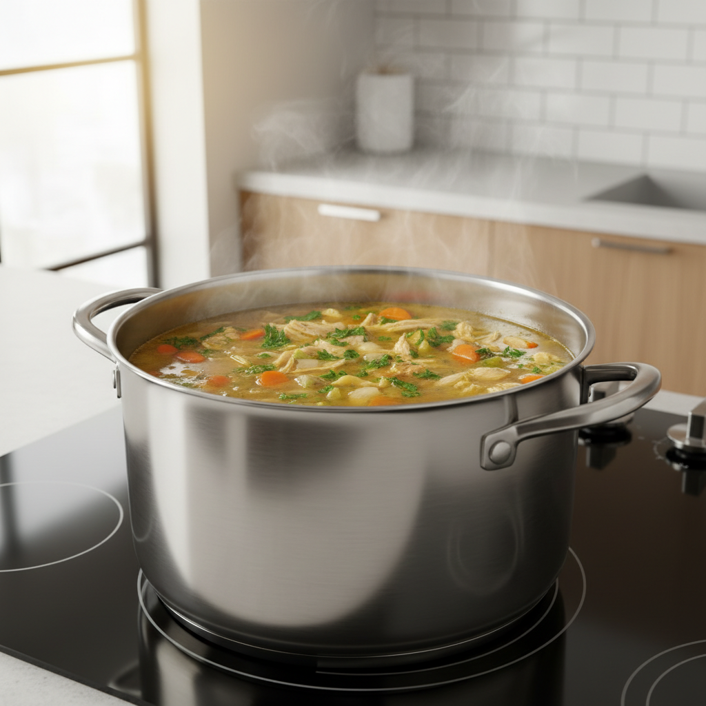Classic homemade chicken noodle soup simmering in a pot with carrots celery and herbs
