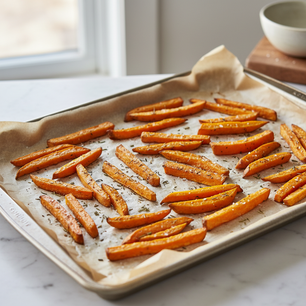 Crispy baked sweet potato fries on a sheet pan with parchment paper