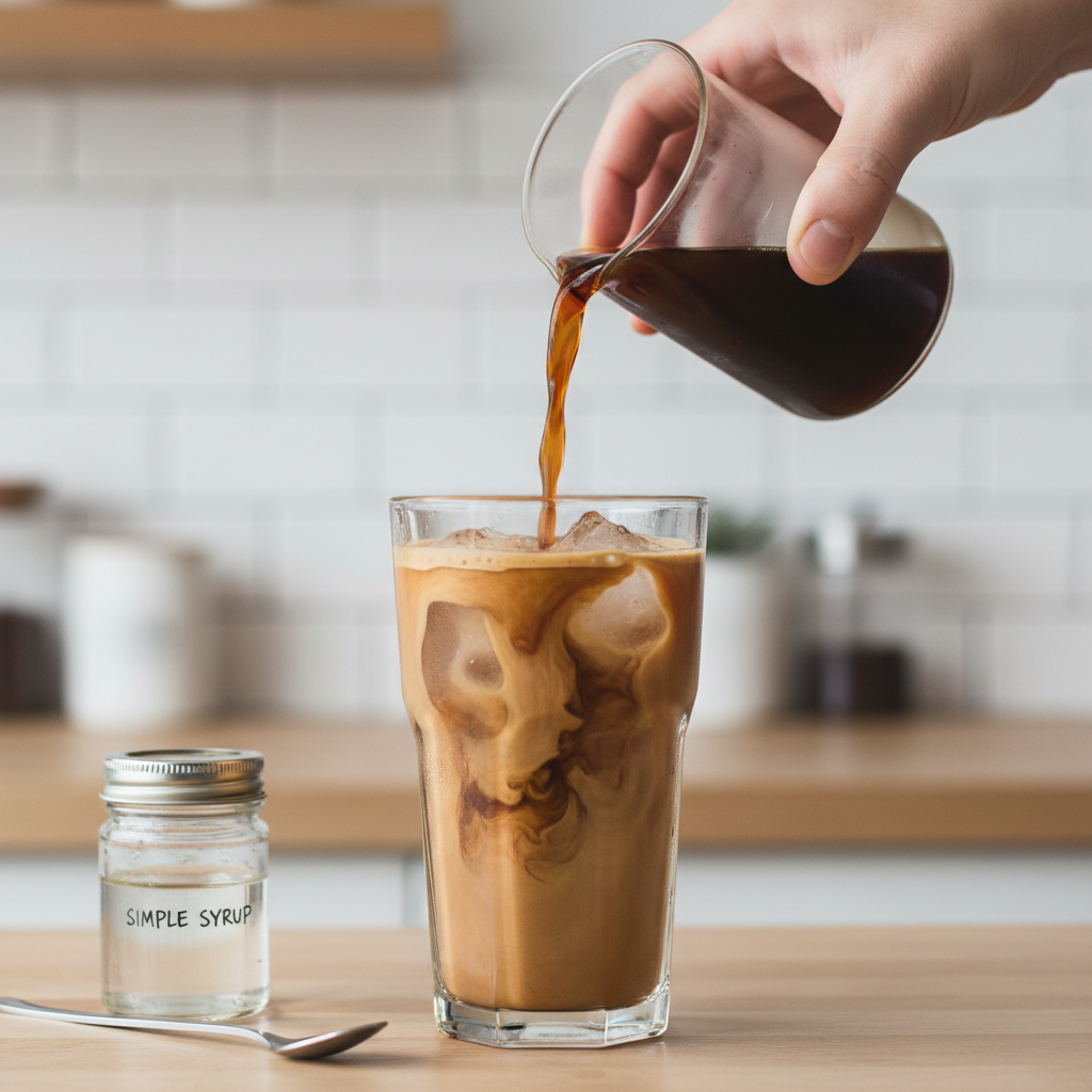 Pouring coffee over ice with a simple syrup stir