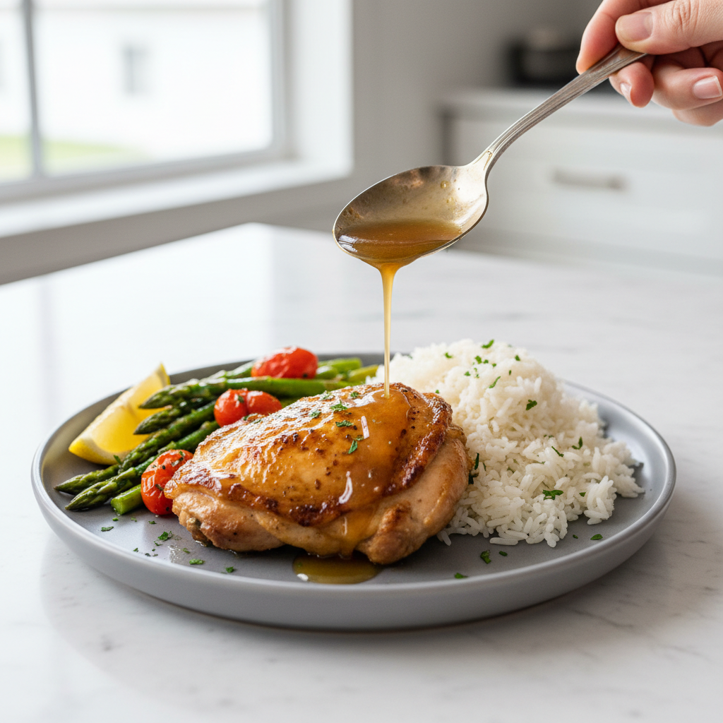 Serving baked lemon garlic chicken with pan sauce over rice and roasted vegetables