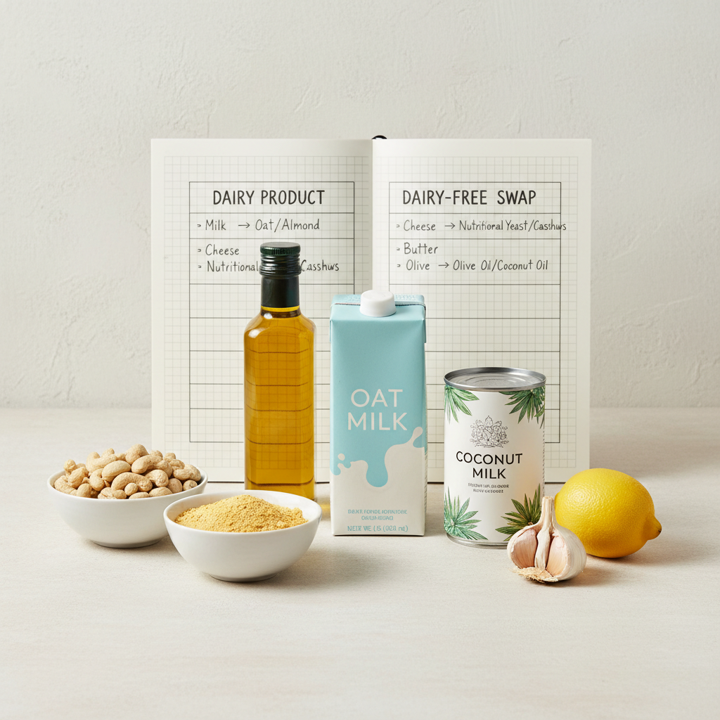 Simple dairy-free substitutes table concept with common swaps like oat milk, olive oil, and cashews