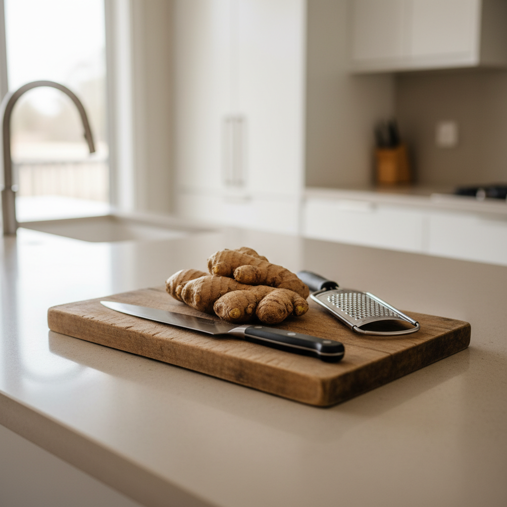 Fresh ginger root on a cutting board with knife and microplane for ginger recipes