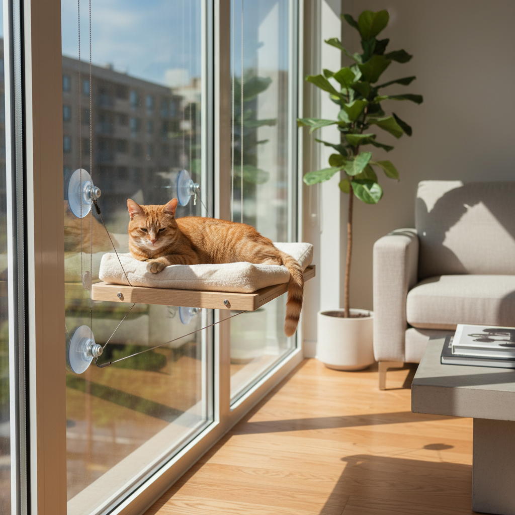 Sturdy cat window perch mounted on a sunny living room window with a cat lounging safely