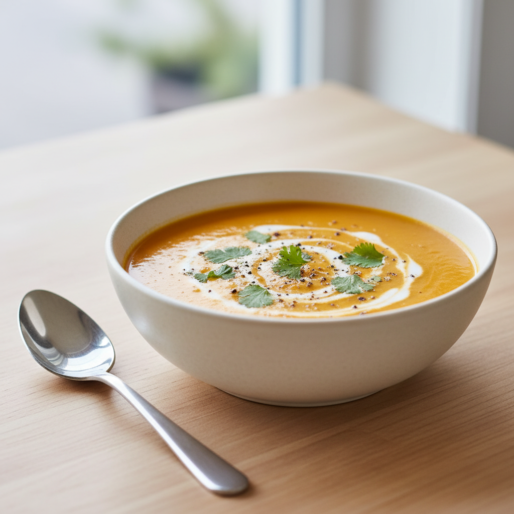 Bowl of spicy carrot ginger soup with swirl and herbs