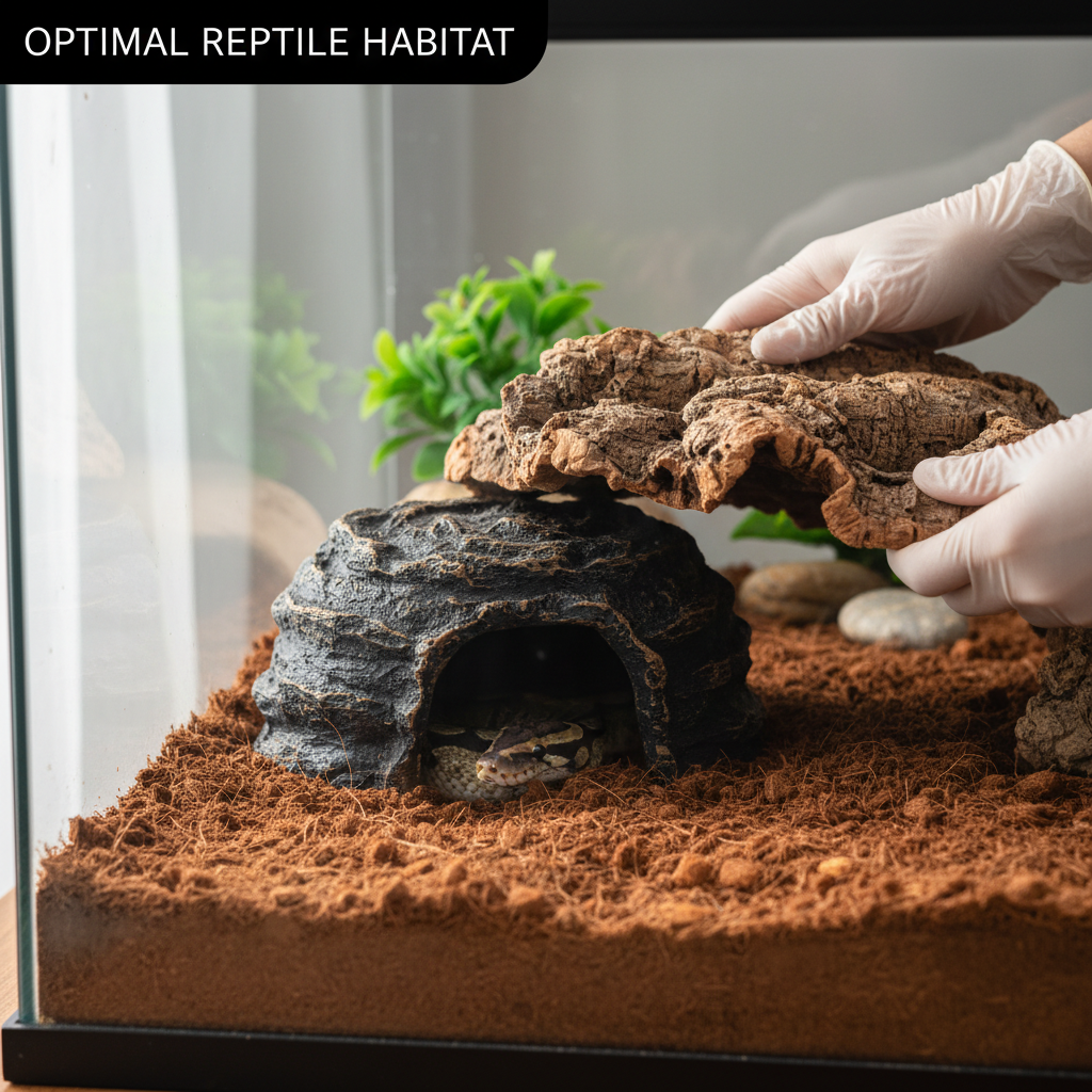 Hands adjusting a snake hide cave to reduce light and improve security using decor and substrate