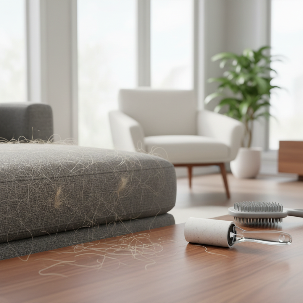 Pet hair stuck in couch fabric close-up, upholstery cleaning setup