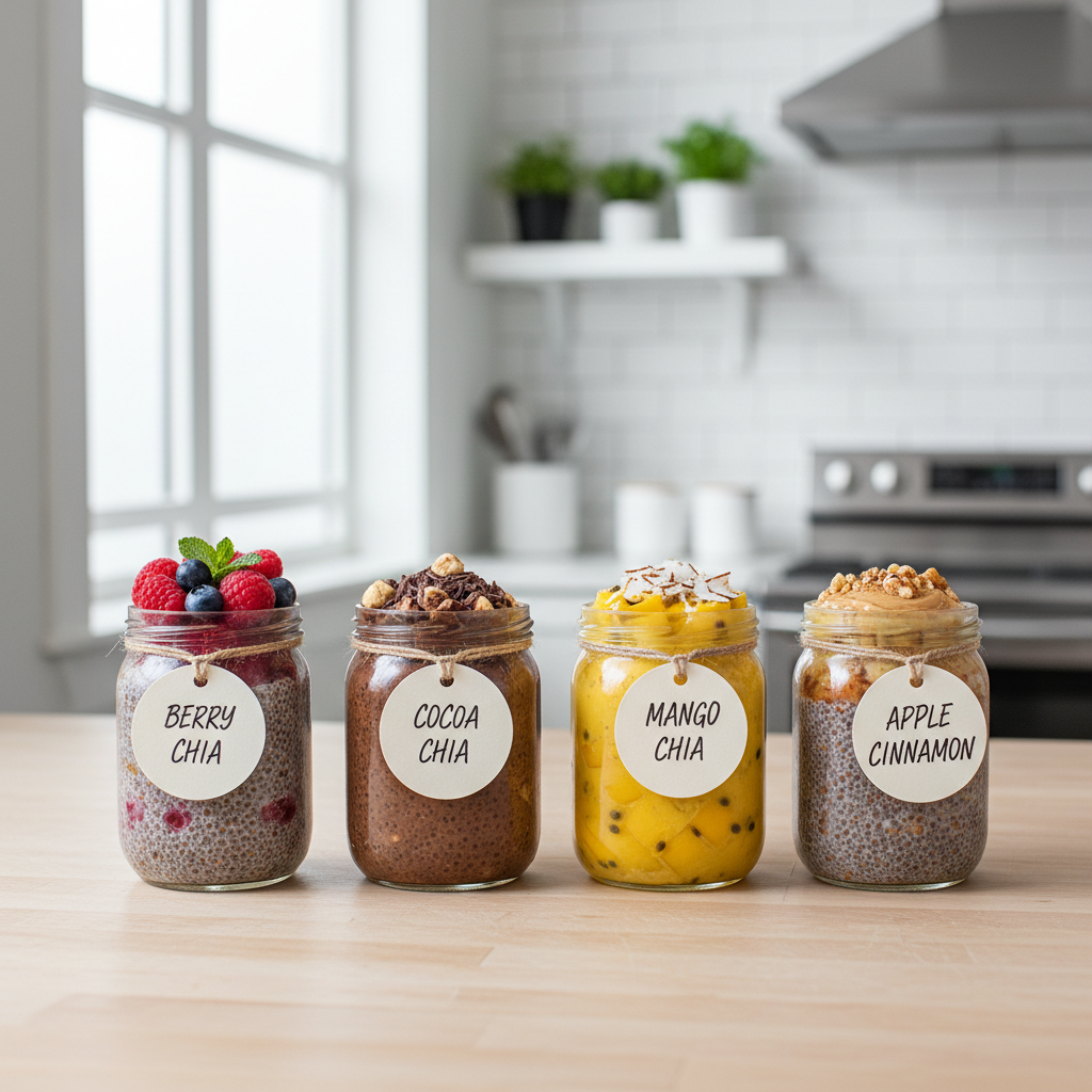 Chia pudding meal prep jars with different flavors labeled for the week