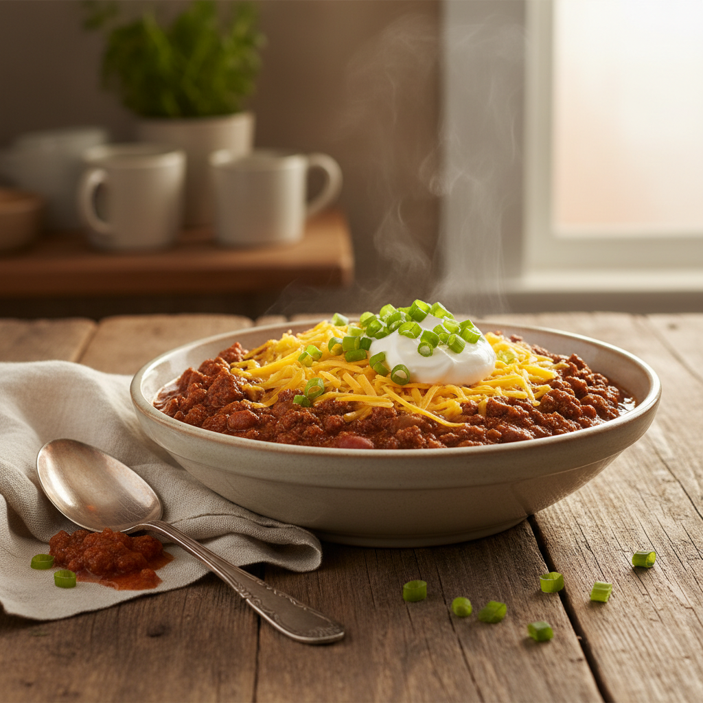 Bowl of beef chili with cheese and sour cream toppings on a table