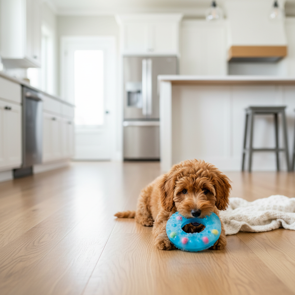 Puppy chewing a frozen teething ring on a clean kitchen floor