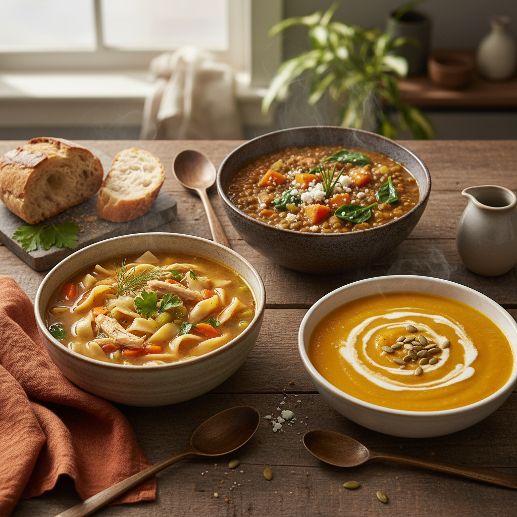 Selection of winter soup bowls including lentil, chicken noodle, and creamy vegetable