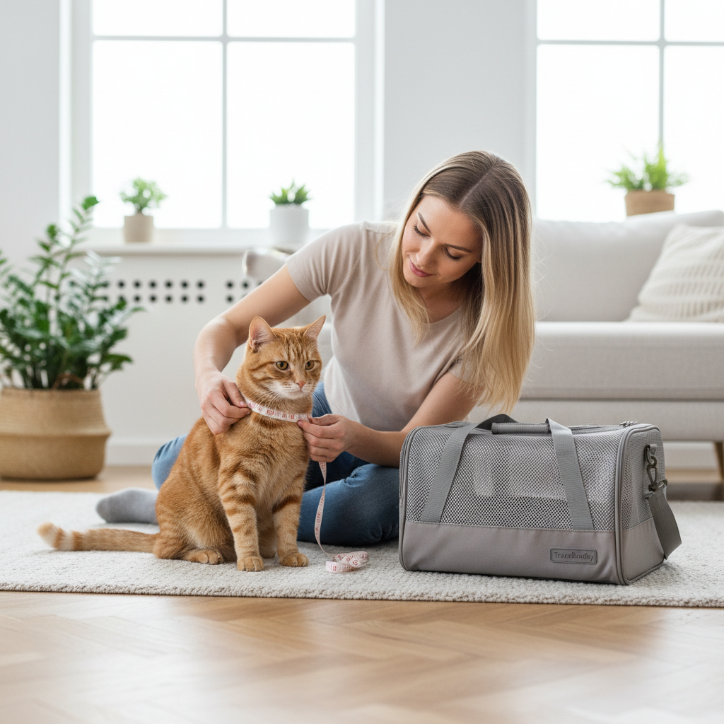 Measuring a cat for a small pet carrier bag with breathable mesh