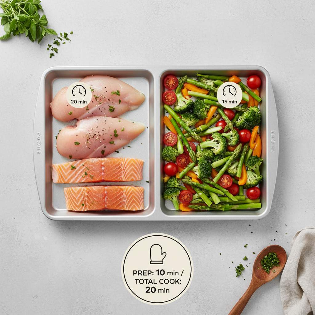 One pan dinner timing chart concept with protein and vegetables