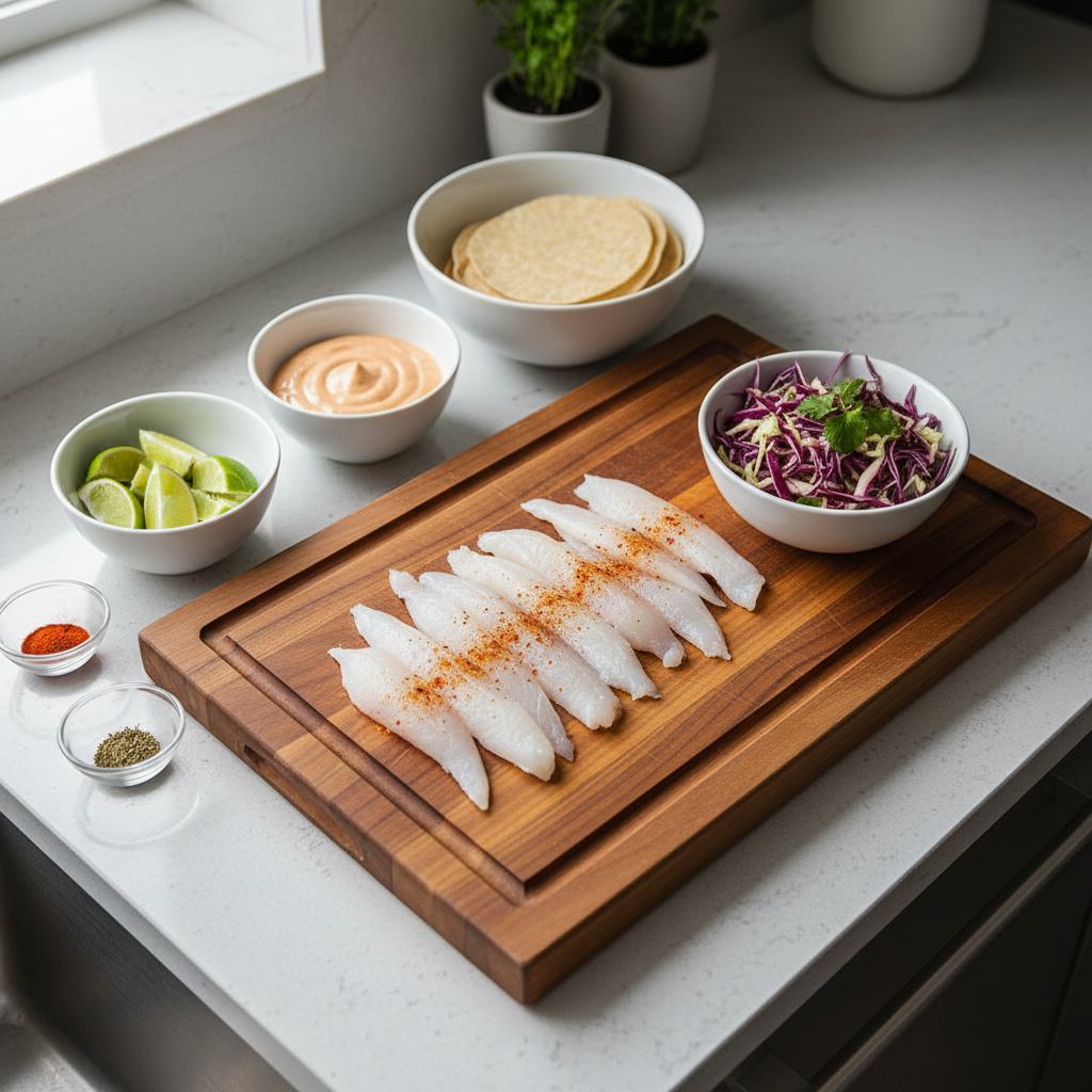 Ingredient prep for easy fish tacos: sliced fish, shredded cabbage, lime, and sauce in bowls