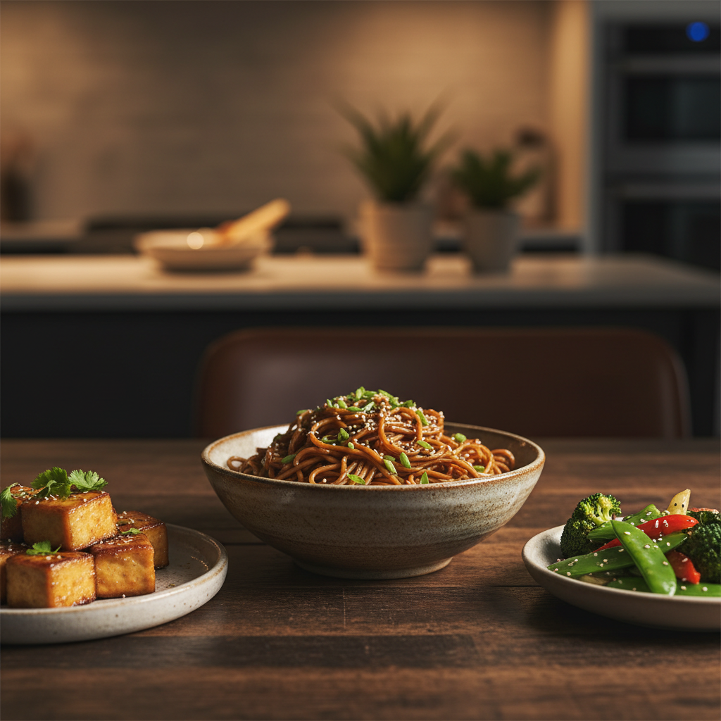 Weeknight soy sauce dinner with noodles, tofu, and veggies on a modern table