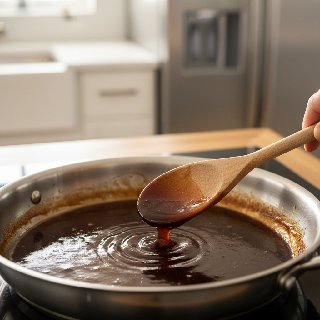 Glossy teriyaki sauce reducing in a skillet for classic teriyaki recipes