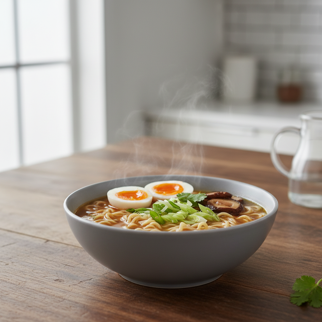 Easy homemade ramen bowl with broth, noodles, egg, and scallions