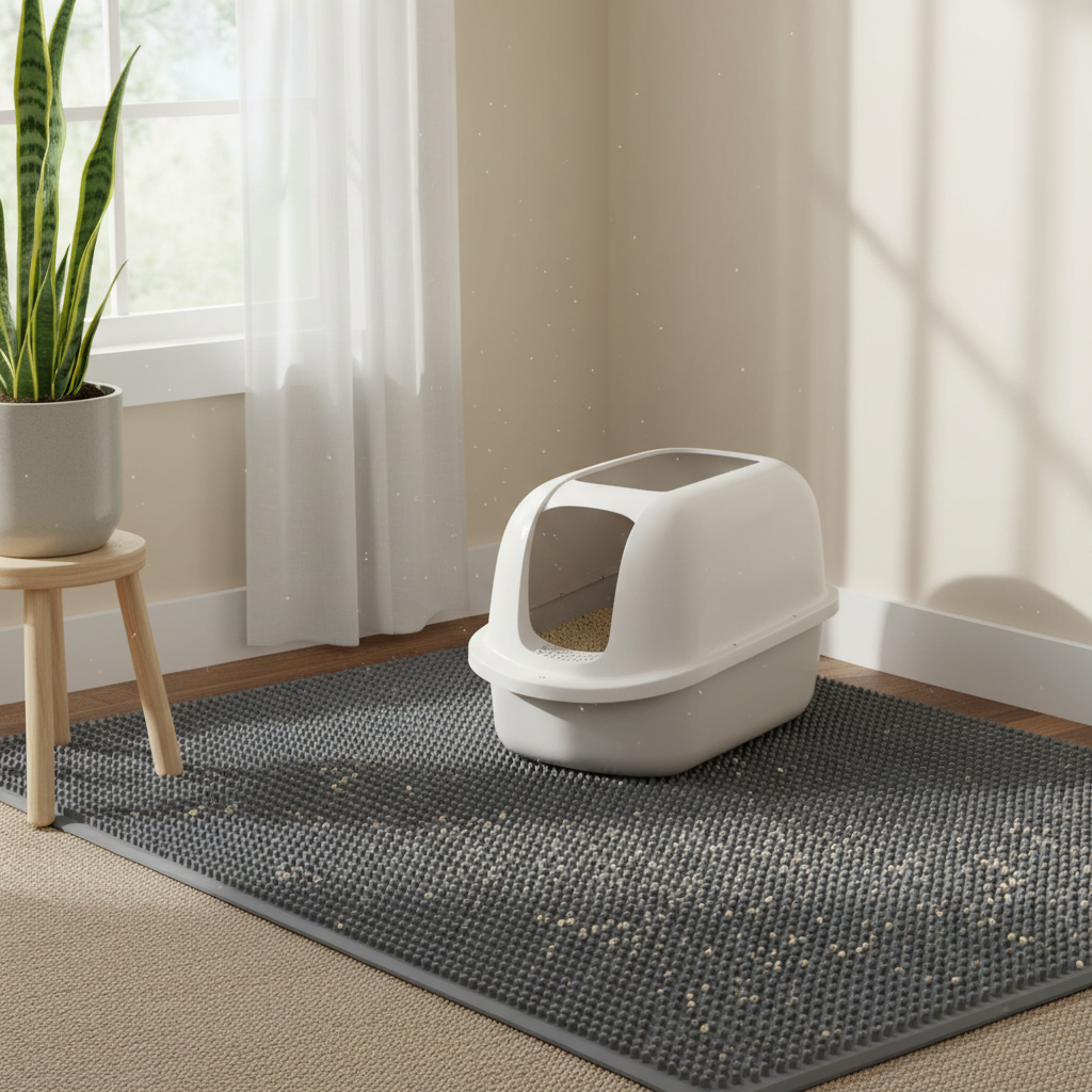 Low-entry litter box setup with large tracking mat in a clean home corner