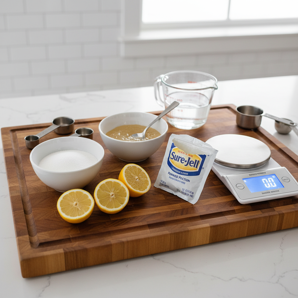 Measuring sugar and pectin for homemade jelly recipe on a kitchen scale