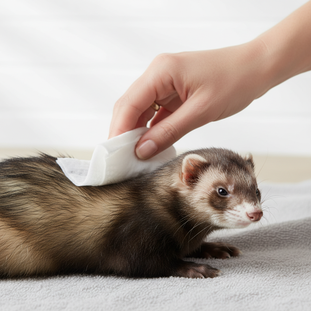Step-by-step ferret wipe routine showing gentle strokes along the back and neck