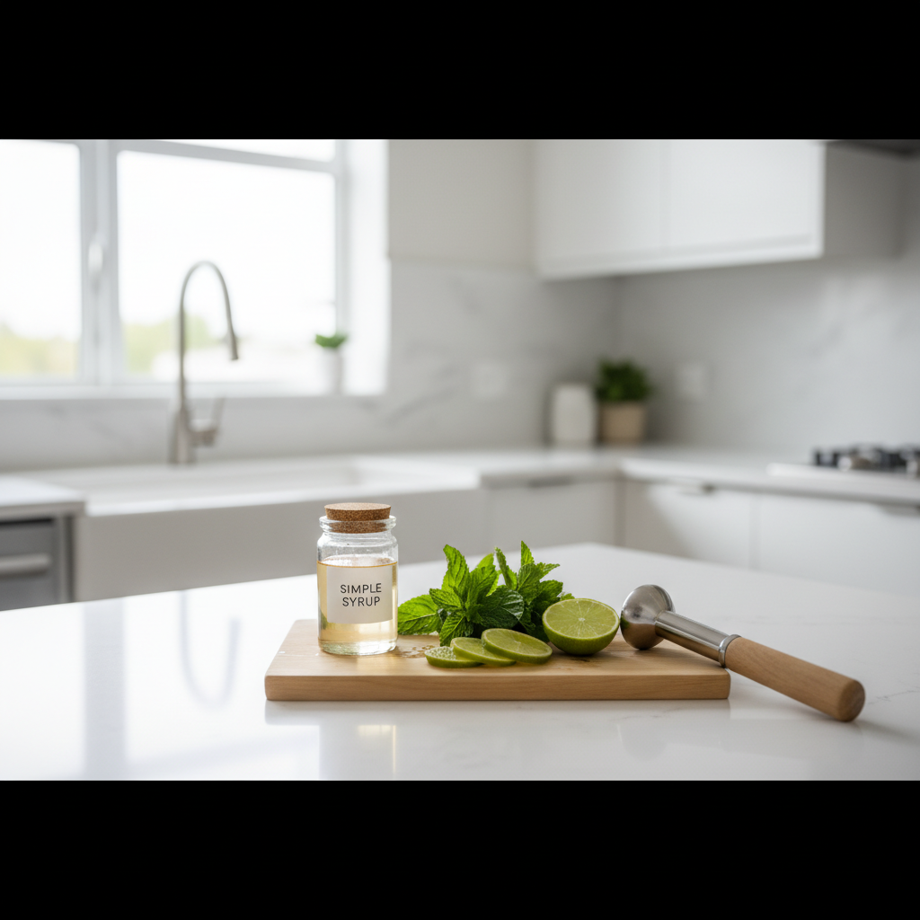 Fresh mint leaves, lime, and simple syrup prepped for mint drink recipes