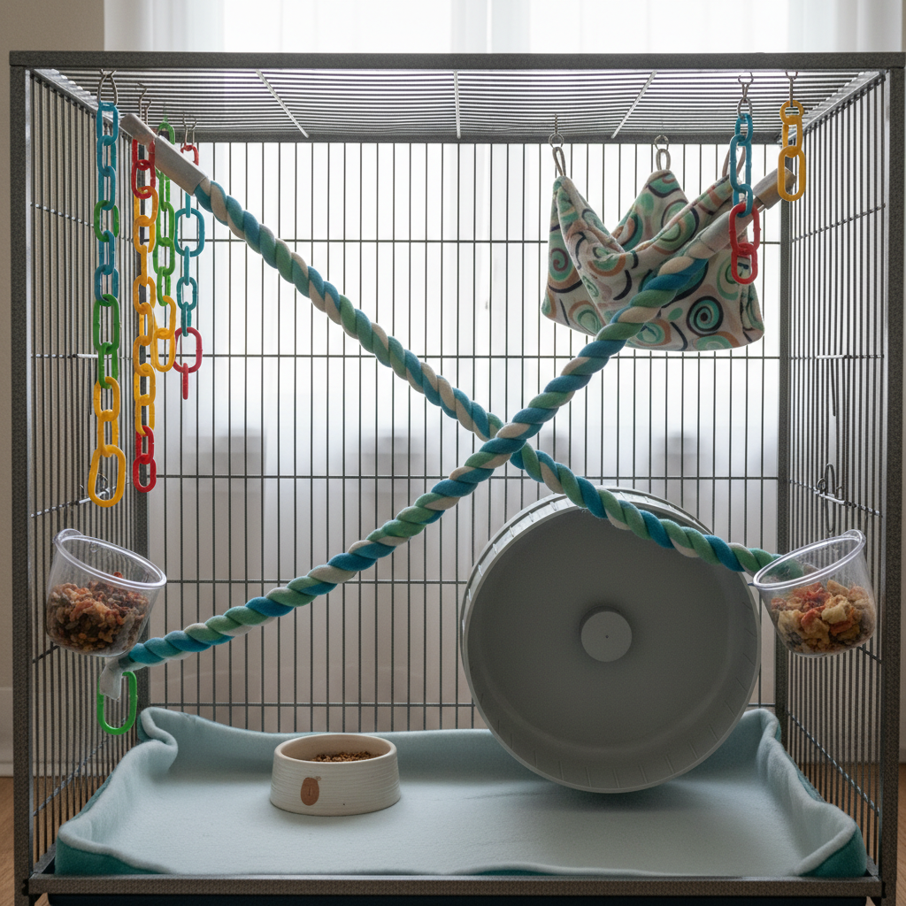 Sugar glider cage setup with climbing toys and safe accessories