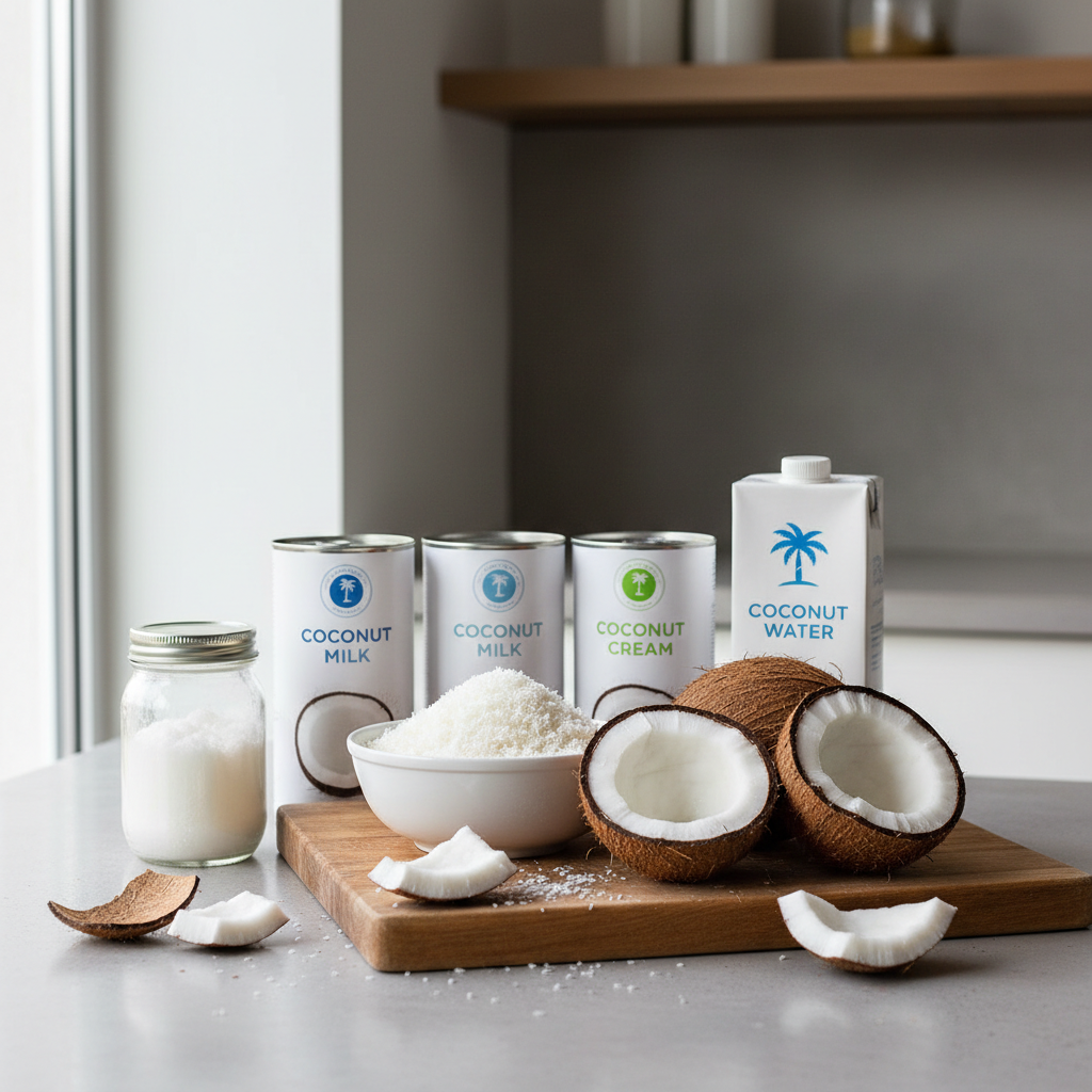 Assorted coconut ingredients for tropical coconut recipes