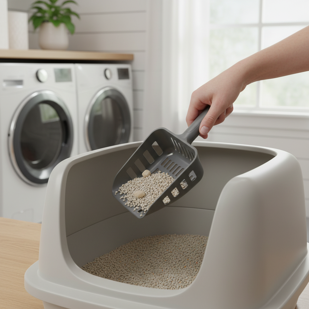 Person using a cat litter sifter scoop over a covered litter box