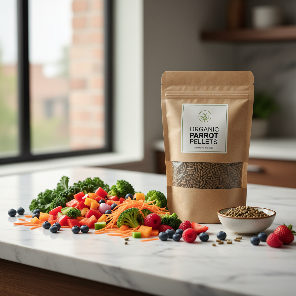 Organic parrot pellets and fresh produce on a kitchen counter