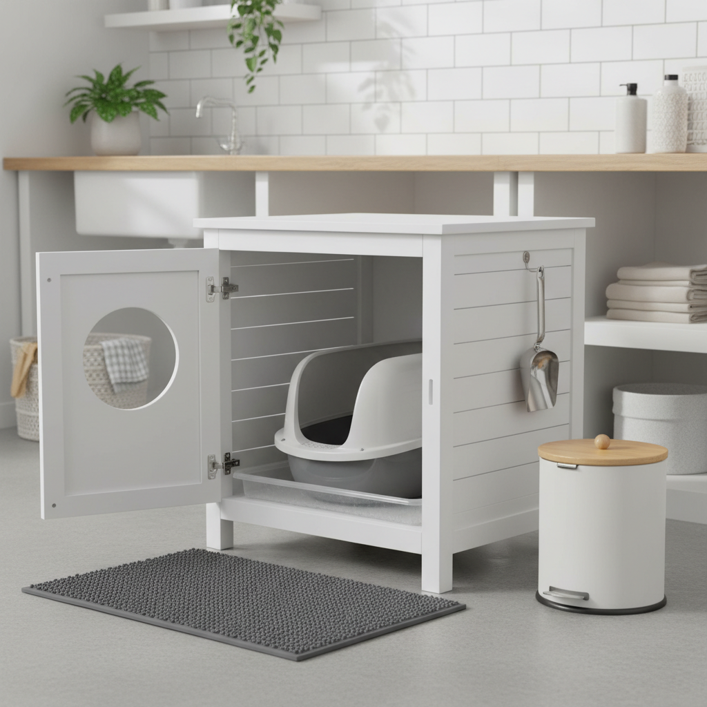 Step-by-step setup for cat litter box furniture with litter mat, sealed tray, and deodorizing routine