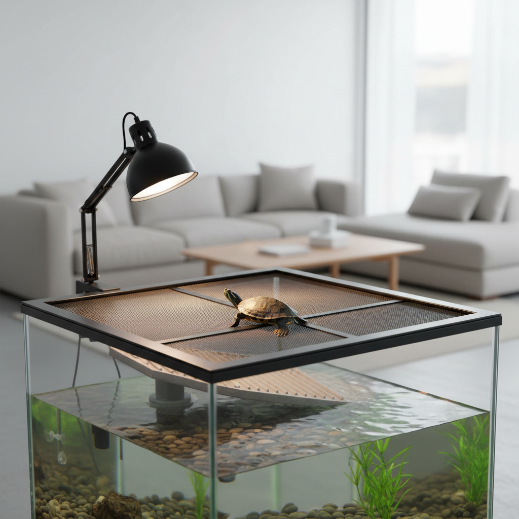 Mesh screen turtle tank cover fitted on aquarium rim with basking area cutout