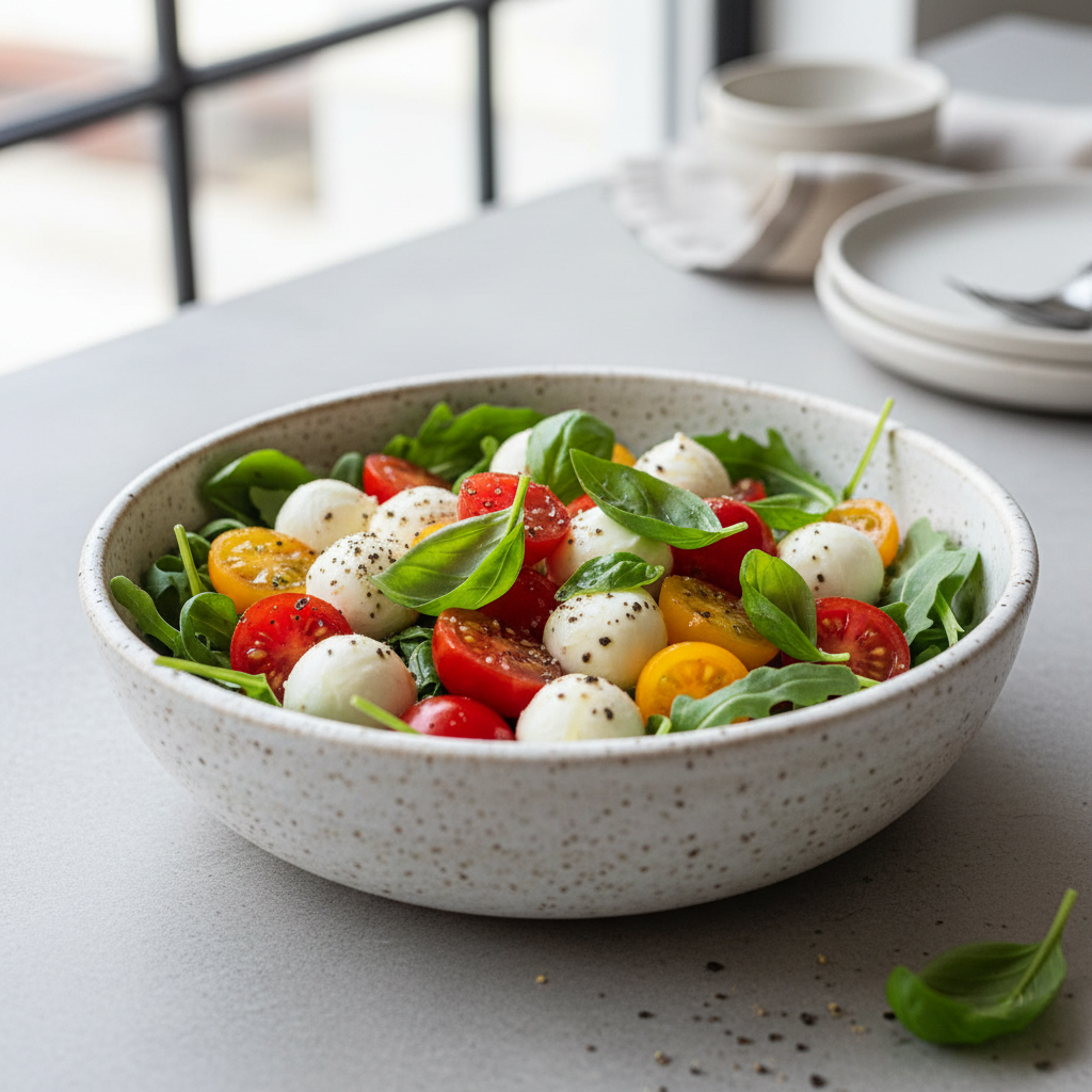 Caprese variation with cherry tomatoes mozzarella pearls and arugula in a bowl