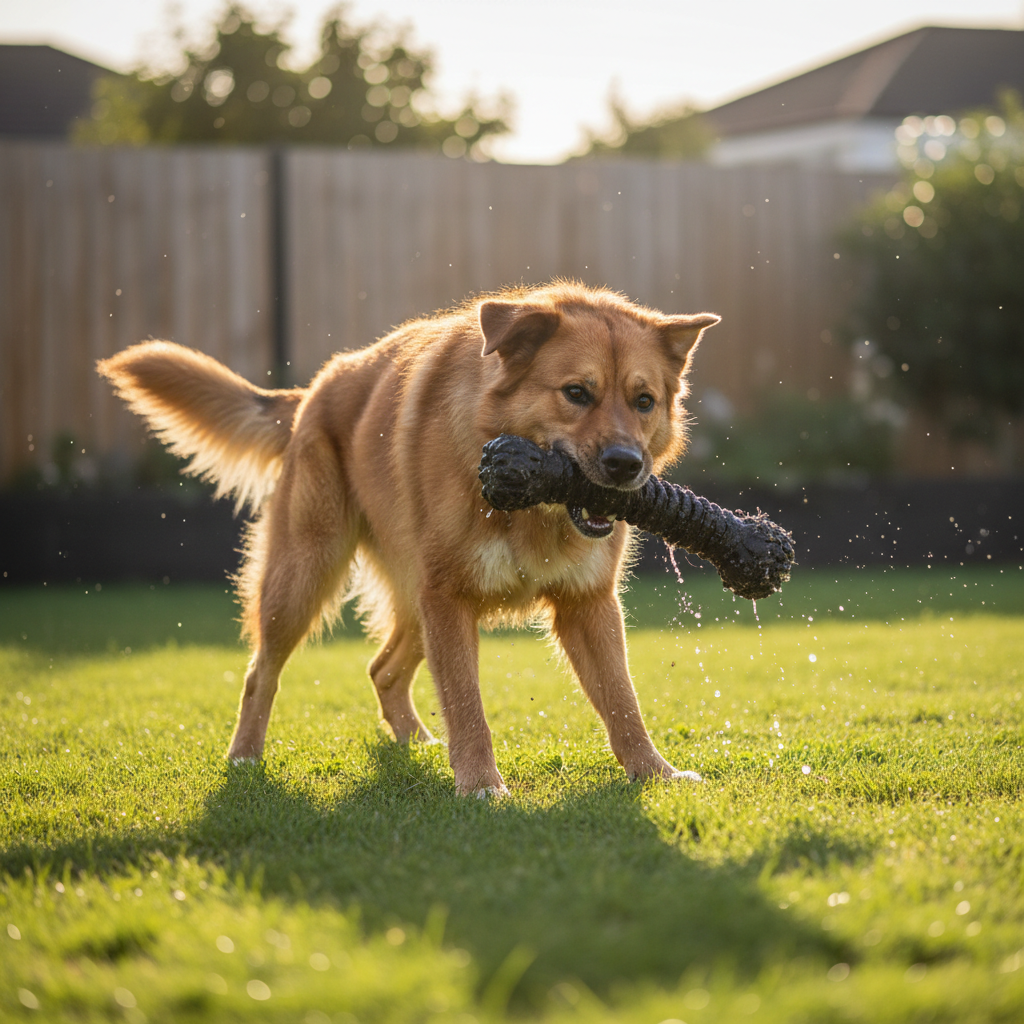 Aggressive chewer dog playing with a durable outdoor toy in a backyard
